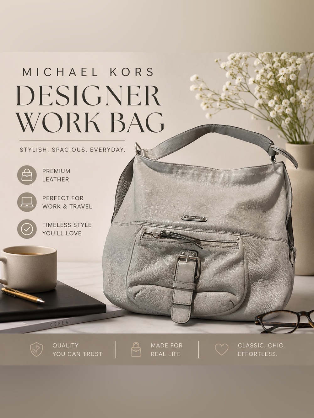 Michael Kors Pebbled Leather Hobo Shoulder Bag Light Gray Large Slouchy Purse